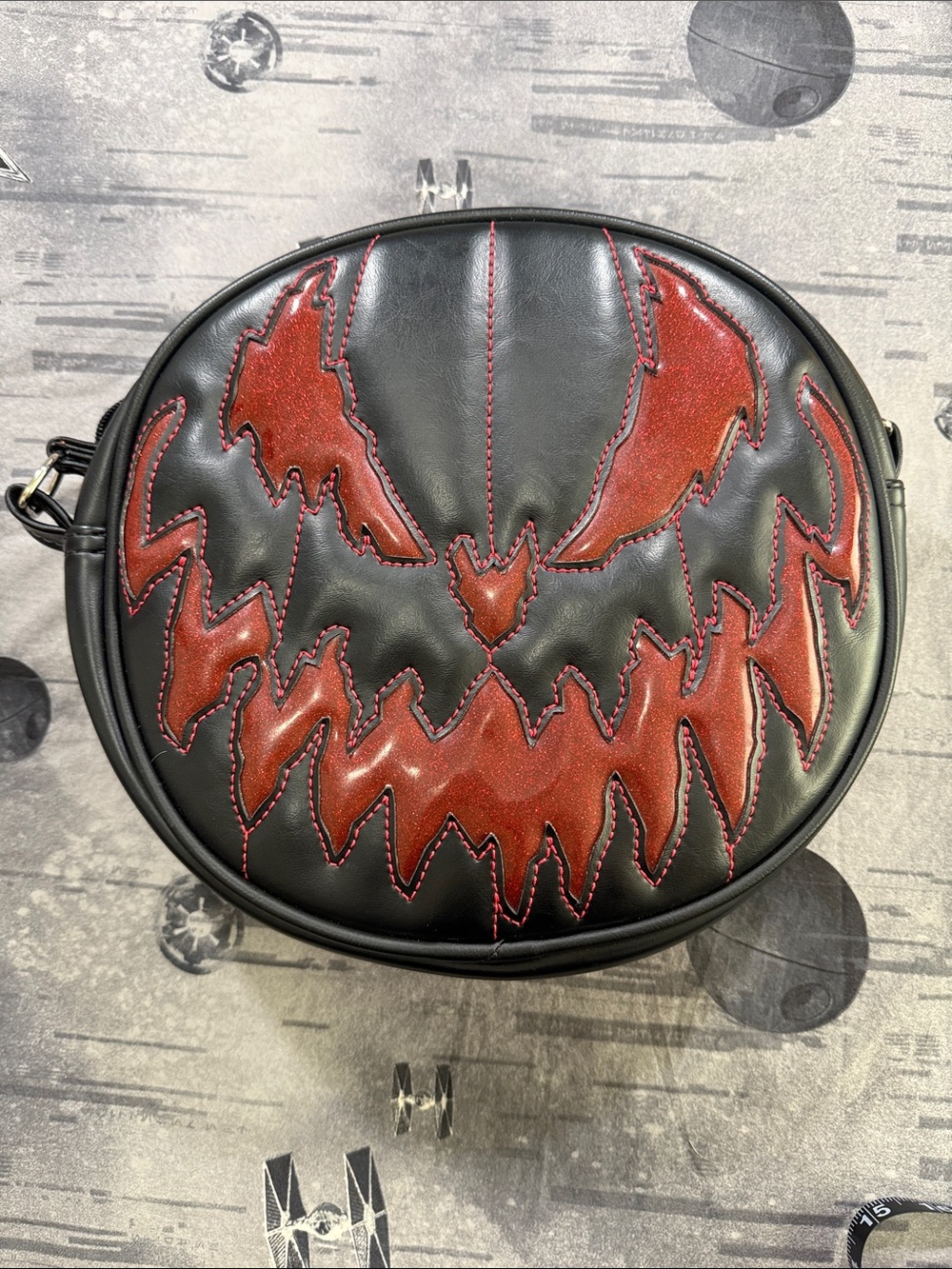 LOVE PAIN AND STITCHES BAD COMPANY CROSSBODY BLOOD RED GLITTER FACE HANDCRAFTED